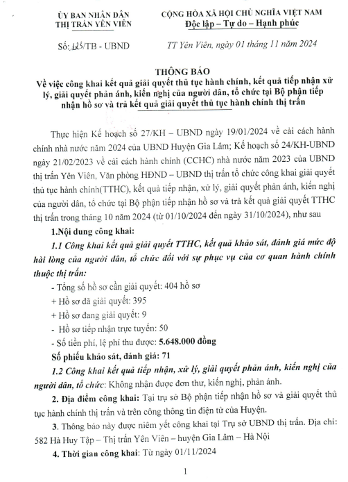 UBND thị trấn Yên Viên công khai Kết quả giải quyết TTHC Tháng 10/2024